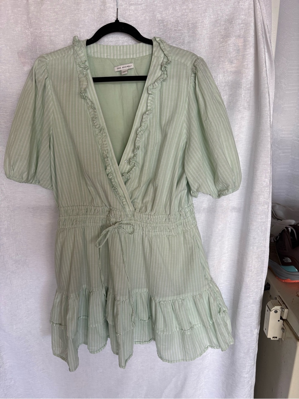 Free People Light Sage Striped Ruffle Wrap Mini Dress